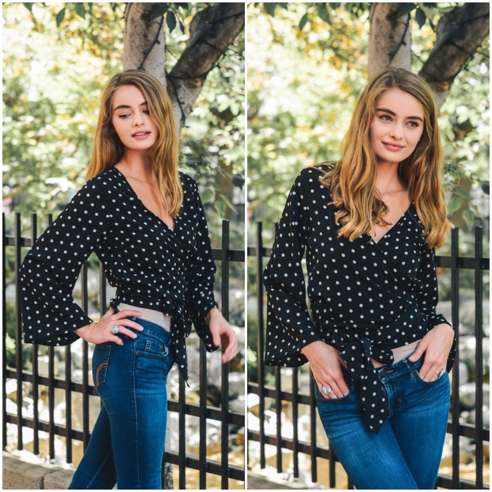 Polkadot Kimono Wrap Top- Black